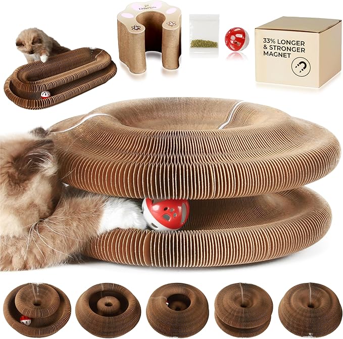Magic Organ Cat Scratcher with Bell Ball and Catnip - Longer, Stretchier Accordion Cardboard Scratching Pad with 4 Strong Magnets - Interactive Kitty Kurlz Cat Toy