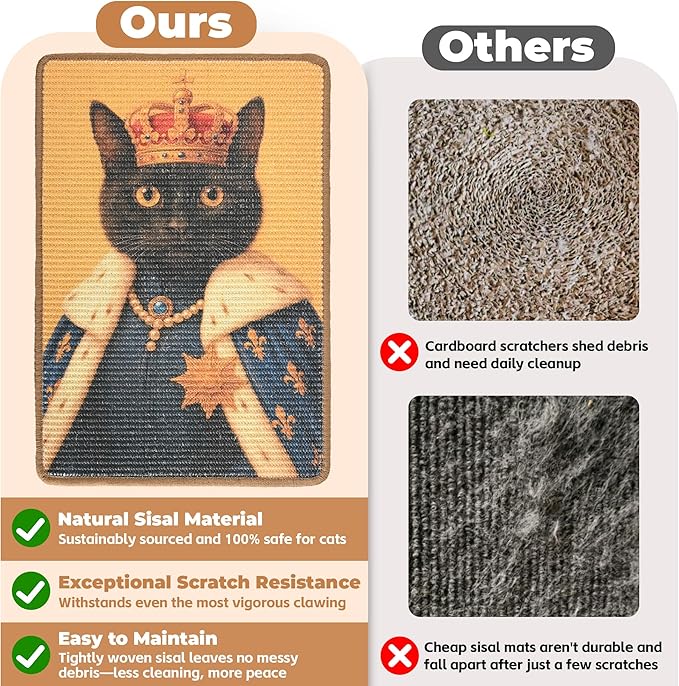Sisal Cat Scratcher Mat, Cat Wall Scratcher for Indoor Cats, 23.6x15.7 Inch Cat Scratch Pad with Hook & Loop, Wall Mounted Cat Scratching Post to Protect Couch and Carpet（Monarch Cat）