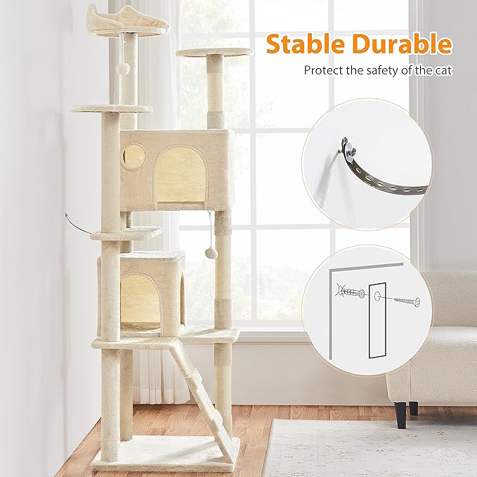 Topeakmart Cat Tree, 80-Inch Cat Tower for Indoor Cats, Multi-Level Cat Condo w/Scratching Posts, Padded Perches and Ladder, Cat Stand House Cat Furniture, Beige