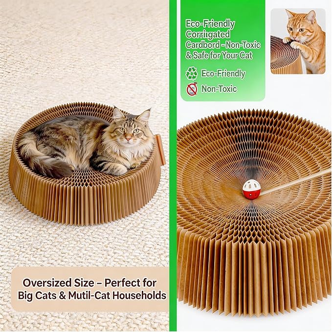 Collapsible Round Cat Scratcher Lounge Bed,Accordion Cardboard Scratching Board for Indoor Large Cats, Kitten Bed & Play Toy,16 inch