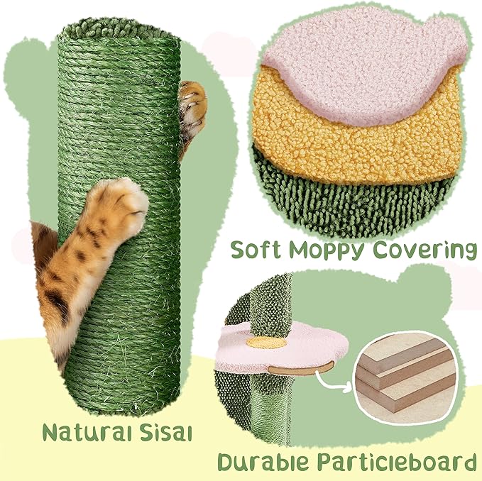 Yaheetech 48in Cactus Cat Tree with Flower-Themed Perches, Multi-Level Platforms, Condo, Scratching Posts & Dangling Balls