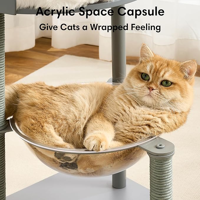 Modern Cat Tree, Wood Cat Tower with Steel Frame, Scratching Posts, Cat Capsule, Plush Mat, Bell Dangling Toy, Aesthetic Minimalist Heavy-Duty Cat Climbing Tree for Large Indoor Adult Cats-Grey