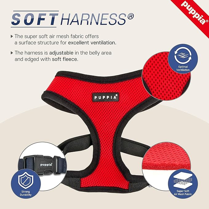 Puppia Soft Dog Harness No Choke Over-The-Head Triple Layered Breathable Mesh Adjustable Chest Belt and Quick-Release Buckle, Orange, X-Small