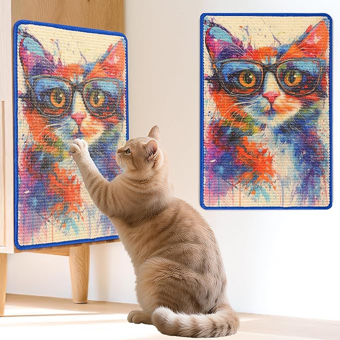 Sisal Cat Scratcher Mat, Cat Wall Scratcher for Indoor Cats, 23.6x15.7 Inch Cat Scratch Pad with Hook & Loop, Wall Mounted Cat Scratching Post to Protect Couch and Carpet（Graffiti Cat）