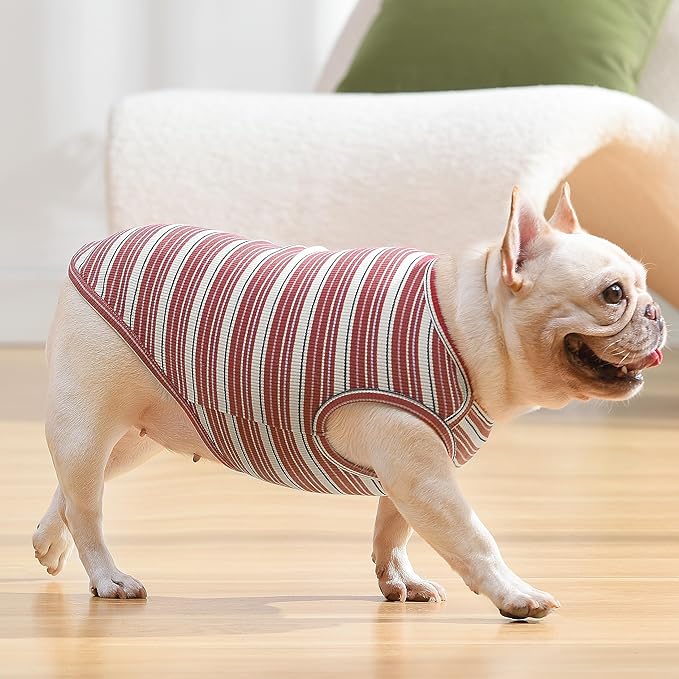 Dog Shirts Vest Cotton Striped T-Shirt, Sleeveless Stretchy Pet Clothes for Small Dogs, 2-Pack Soft Breathable Puppy Tank Top Cat Tee (Large, Pine Green,Plum Red)