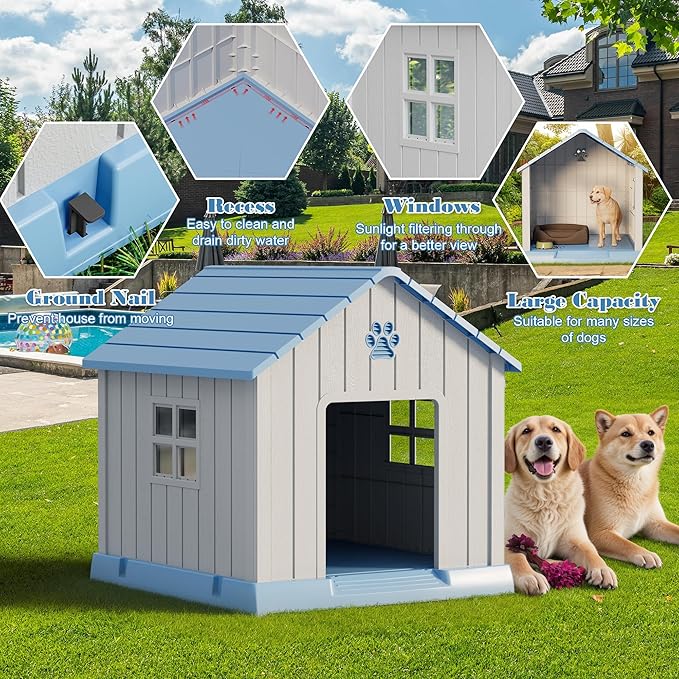 Bifanuo Dog House for Outdoor & Indoor Use with Window, Waterproof Ventilated Kennel with Elevated Floor, Easy to Clean Shelter for Small Medium Large Dogs (Blue, 37.2" L x 40" W x 40" H)