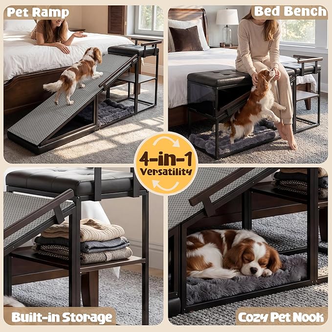 4-in-1 Dog Ramp, 65" x 26" x 17" Storage Ottoman Bench Upholstered Padded with Solid Wood Shelf, Foldable Pet Stairs Non-Slip Silicone Surface - Safety Railings Load up to 220 lb, Black