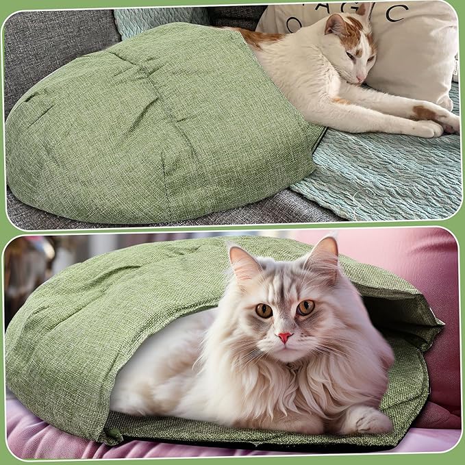 2 Pcs Cat Sleeping Bag, Linen Fabric Nest Cat Bed Cave Leaf Cuddle Covered Pet Hide Cozy Hood Burrowing Zone Soft Durable Washable with Nonslip Bottom for Indoor Puppy and Kitten(Green)