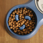 Gibson Home Curious Canines Slow Feeder Dog Bowl Set, Double Bowl with Stainless Steel Insert, Melamine Base, Anti-Gulp Feeding, Food & Water Station, Dishwasher Safe, Blue