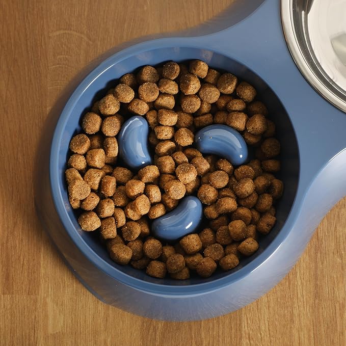 Gibson Home Curious Canines Slow Feeder Dog Bowl Set, Double Bowl with Stainless Steel Insert, Melamine Base, Anti-Gulp Feeding, Food & Water Station, Dishwasher Safe, Blue