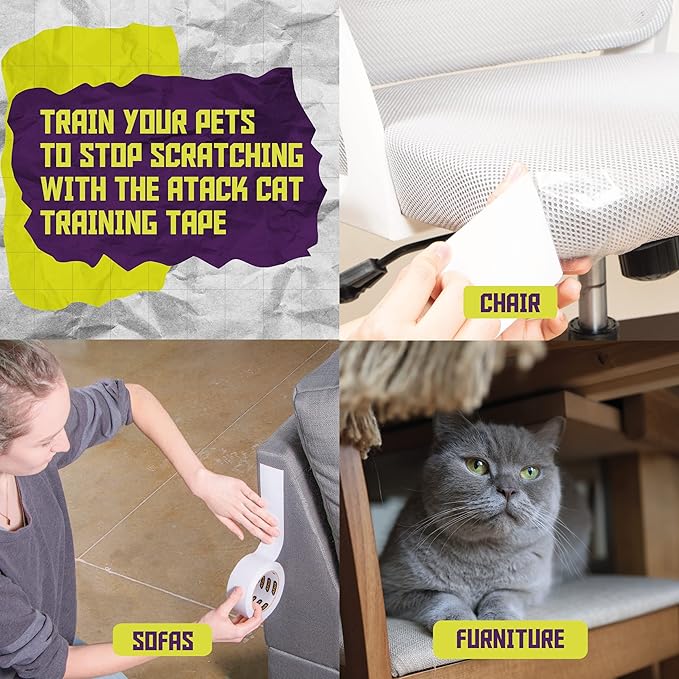 ATack Cat Anti-Scratch Training Tape, Residue-Free and Removable, Clear, 2.5-Inches x 20 Yards, Kitty Scratch Deterrent, Prevention Tape and Protector for Leather Couch, Furniture, Door
