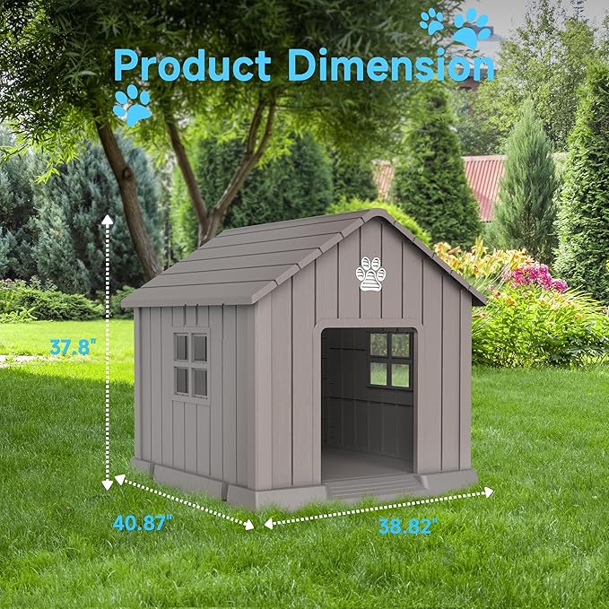 VIXZEN Dog House Outdoor, 38 Inches Weatherproof Resin Dog House Indoor Large with Air Vents & Elevated Floor, Doghouse Outdoor for Large Dogs, Easy Assembly, Versatile Storage Functionality (Grey)