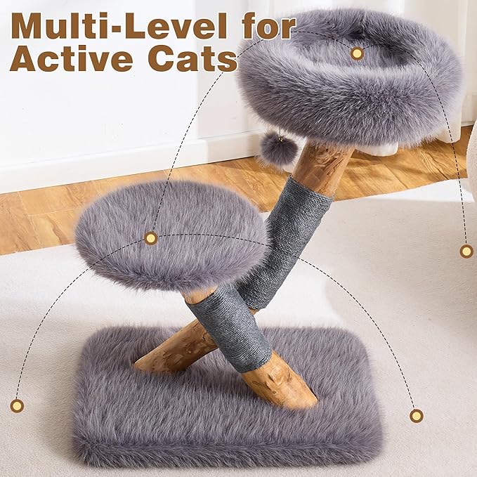 HITTITE Natural Solid Wood Cat Tree Tower with Scratching Post, 32 Inches Tall Modern Cat Tower with Cozy Bed and Platforms, Luxury Real Branch Cat Tree for Indoor Cats Large Adult, Grey.