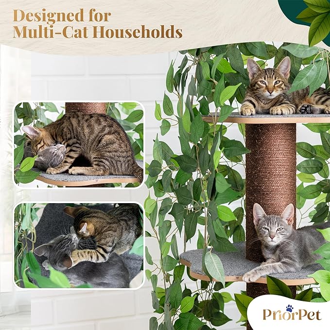 Cat Tree with Leaves – Stable & Space-Saving Design – 4 Scratch Levels & 5 Scratching Posts – for Climbing, Hiding and Sleeping – Easy to Assemble – Durable Cat Trees for Indoor Cats – Natural Look