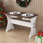 Piskyet Elevated Dog Bowls,Farmhouse Dog Bowls Stand, Raised Dog Bowl with 2 Stainless Steel Wooden Dog Bowl 12 Cups 15.7''H 90 OZ Bowl-Farmhouse Style