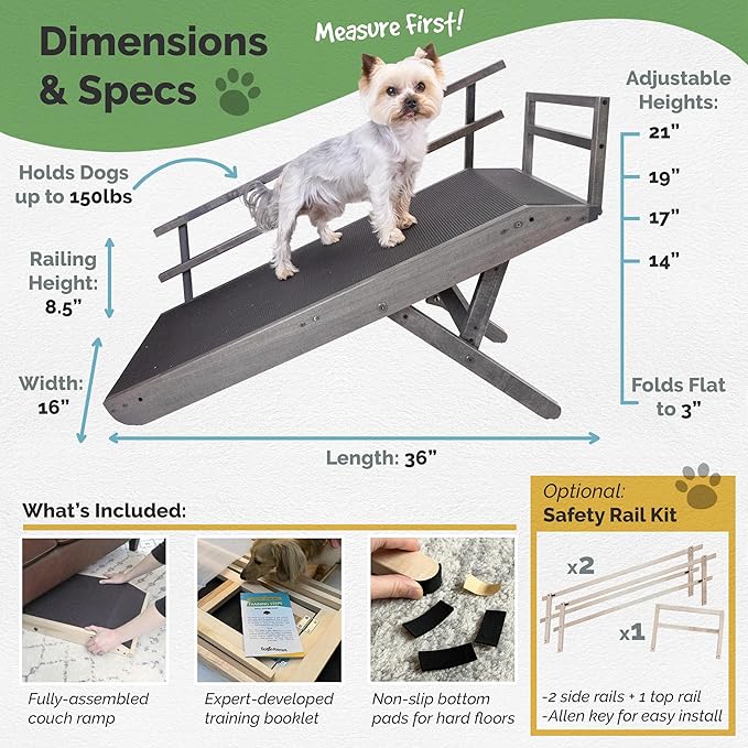 DoggoRamps Dog Ramp for Couch with Safety Rails - Adjustable from 14" to 21" with Anti-Slip PAWGRIP & Convenient Platform Top - for Small Dogs up to 150lbs - Made of Solid Hardwood in North America
