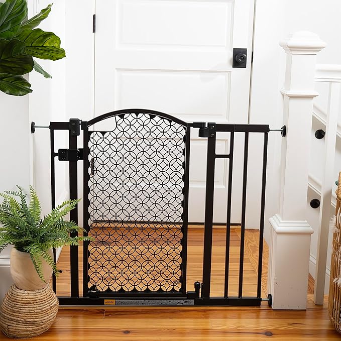 Ingenuity Decorative Panel Tall Baby Gate & Dog Gate, 28"-42" Wide, 30" Tall, Hardware or Pressure Mounted, Install on Top or Bottom of Stairs, Banister, or Doorway - Espresso