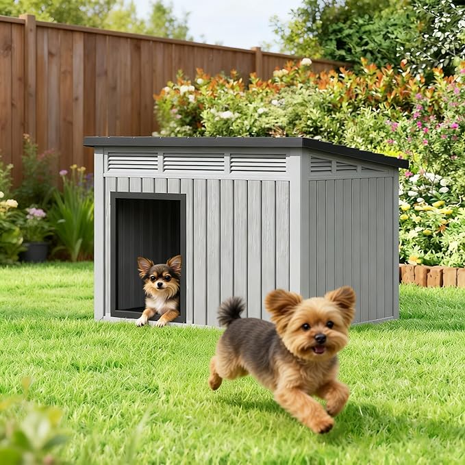 Bifanuo Outdoor Indoor Dog House for Small to Medium Dogs - Waterproof Design, Detachable Roof & Easy Assembly and Cleanup (Classic Grey, 32.1" L × 25.1" W × 24" H)