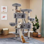 WEEWAY Cat Tree Tower for Indoor Cats,65'' Multi-Level Cat Furniture Activity Center,Stand House Condo Cave,Sisal Scratching Posts Ramps,Plush Perches Platforms Basket Hammock,Grey