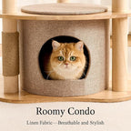 797Audio Modern Wood Cat Tree Tower, 46" Aesthetic Cat Tree with Natural Pine Wood Scratching Posts and Condo for Adult Cats, Solid Rubber Wooden & Linen Cat Tree,Multi-Level Tree for Indoor Cat