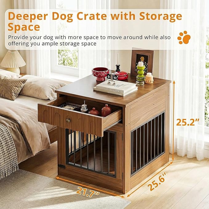 IRONCK Dog Crate Furniture, Wooden Dog Crate with Drawer and Flip-Top Storage, Indoor Dog House End Table for Small Breeds, for Living Room, Bedroom, Walnut