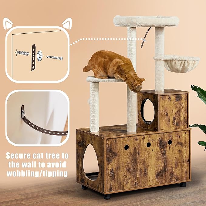 Yaheetech Cat Tree, 53in Cat Tower with Wood Litter Box Enclosure, 2-in-1 Cat Tree with Condo, Scratching Posts, Perch for Indoor Large Cats, Cat Activity Center, Rustic Brown/Beige