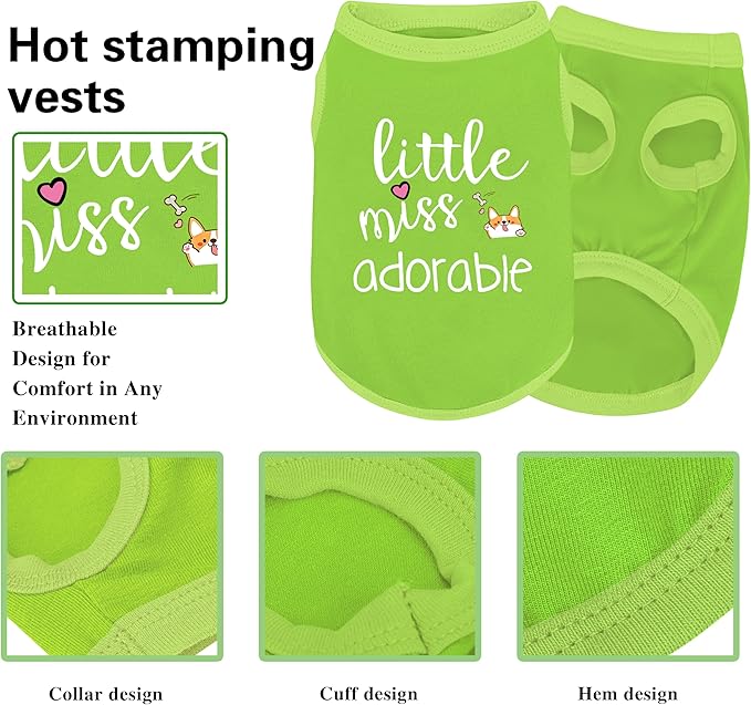 Cotton Dog Shirt with 'Little Miss Adorable' Corgi Head Print, Soft & Breathable Pet Apparel for Small, Medium, and Large Dogs, All-Season Sleeveless Vest, Cute and Comfortable Dog Outfit.Green XL