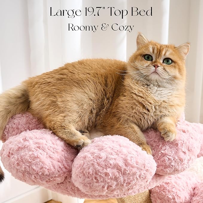 797Audio Flower Cat Tree, 37" Wood Branch Cat Tower, Pink Cloud Cat Tree with Scratching Post for Indoor Adult Cats, Luxury Cat Tree with Cat Scratch Pad & Interactive Squeaky Hanging Toy