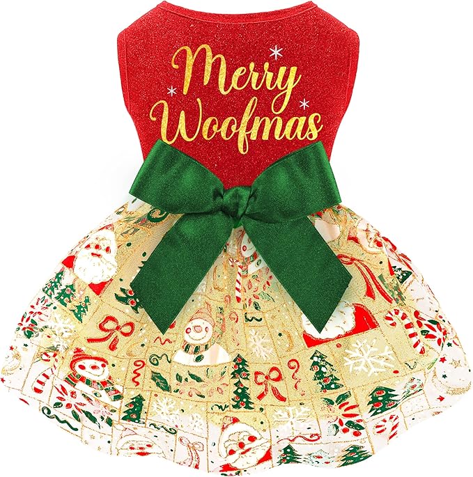 Dog Christmas Outfit Cute Dog Christmas Dress with Bowknot Tulle Puppy Clothes for Small Medium Dogs Cats Boys Girls Pet Costume