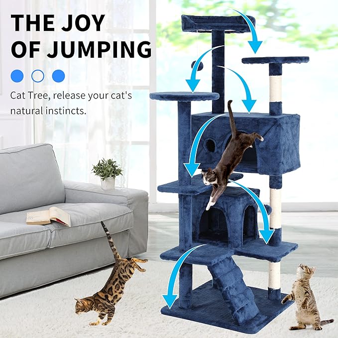 BLKMTY Cat Tree 70" Tall Cats Tower Large Cat Condo Climber Cats Climbing Stand with Top Perches Playhouse and Climbing Ladder Kitty Activity Tree w/Scratching Post Toys, Navy Blue