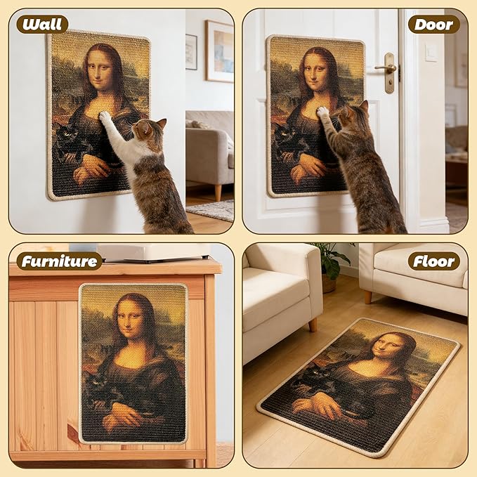 Mona Lisa Sisal Black Cat Scratcher Pad for Indoor - Wall Mounted 24x16 Inch Scratching Mat with Adhesive Hook Loop Tape Protect Couch Carpet Durable Cat Wall Scratcher for Furniture Protect