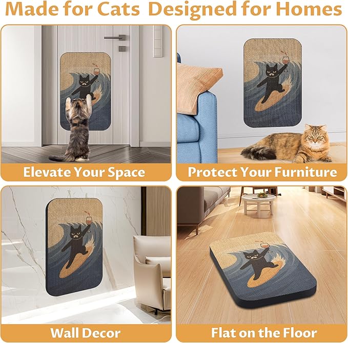 Art Cat Scratcher, Wall-Mountable Cat Scratching Board, Cat Wall Scratcher 16.7x11x1 Inch Cat Scratch Pad and Cat Scratchers for Indoor Cats Toy Furniture Protector(SurfingCat1)