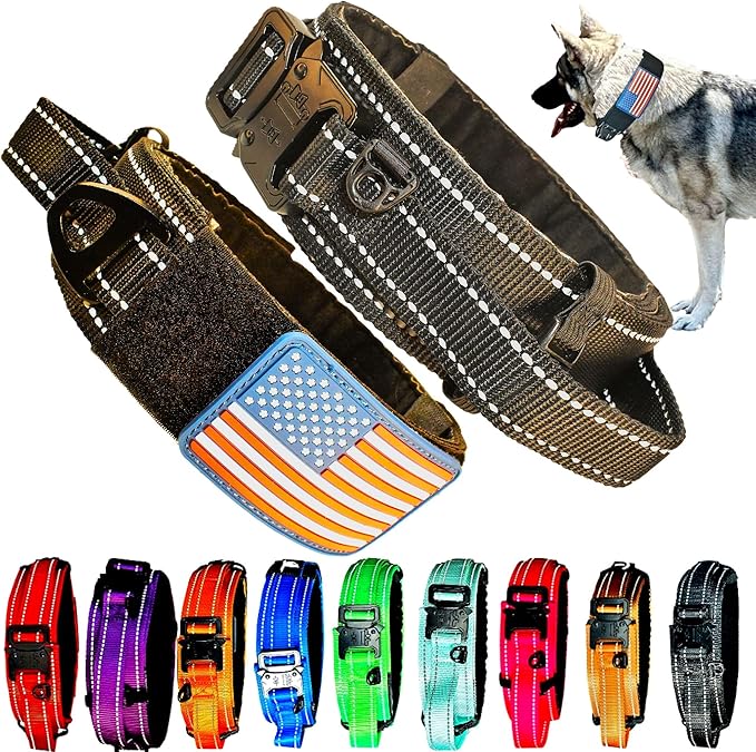 2-Inch Wide Tactical Dog Collar with Control Handle, Adjustable for Medium & Large Dogs, Military Style with Heavy-Duty Metal Buckle, USA Flag Patch & Customizable Name Plate, Training & Everyday Use