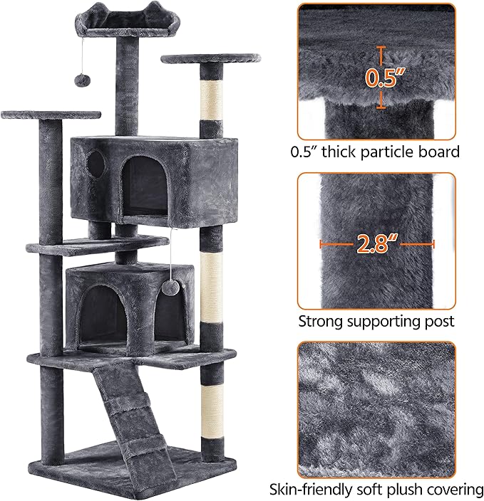 Topeakmart 70in Cat Tree, Multi-Level Cat Tower with Scratching Post Dangling Ball and Condos Cat Furniture for Indoor Cats, Dark Gray