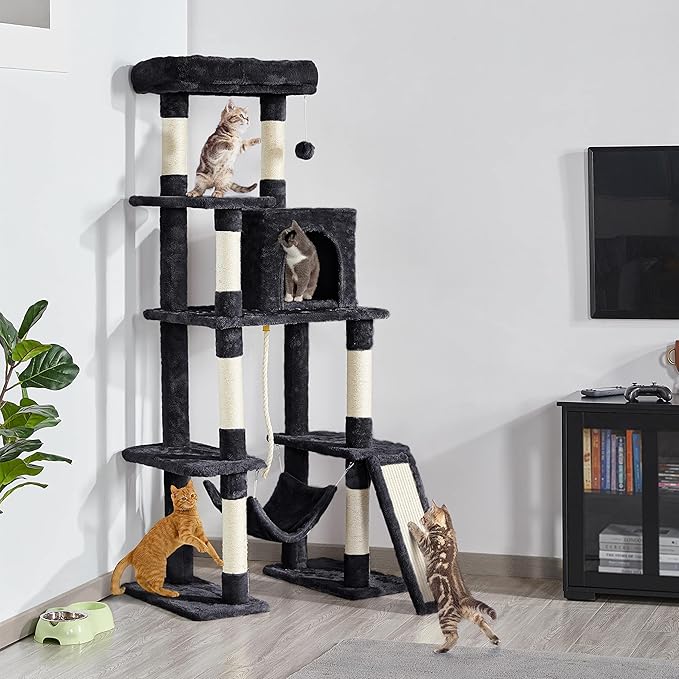 Topeakmart 63in Cat Tree, Large Cat Tower Furniture w/Cat Condo, Padded Platform & Sisal-Covered Scratching Post, Stable Cat Tower Pet Play House, Black