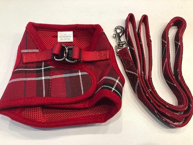 PUPTECK Soft Mesh Dog Harness and Leash Set Step-in Plaid Puppy Padded No Pull Vest Harness for XS Small Medium Sized Dogs Cats Outdoor Walking, Red M