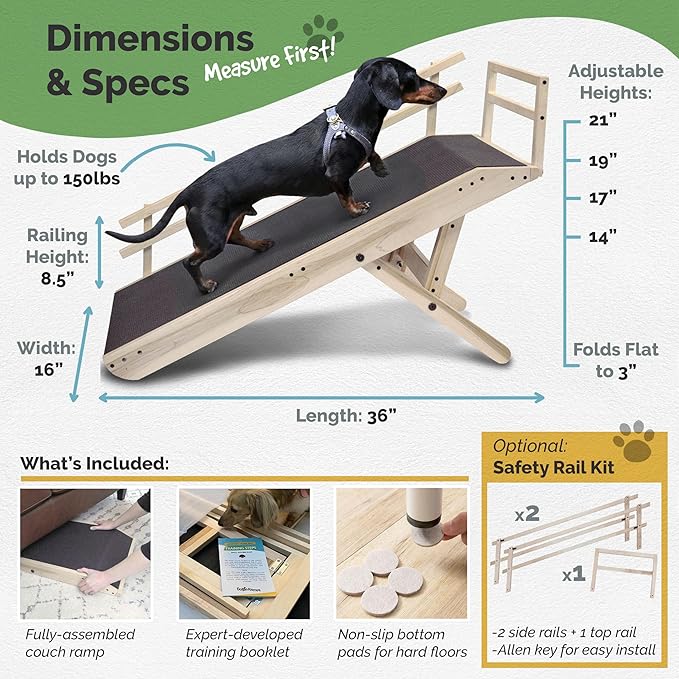 DoggoRamps Dog Ramp for Couch with Safety Rails - Adjustable from 14" to 21" with Anti-Slip PAWGRIP & Convenient Platform Top - for Small Dogs up to 150lbs - Made of Solid Hardwood in North America