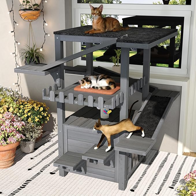 4-Tier Outdoor Cat House for Multiple Cats, Weatherproof Wood Catio Cat Tree Tower, Feral Cat Shelter Outside Enclosure with Balcony, Scratching Post, Ramps & Escape Flap Doors (Grey)