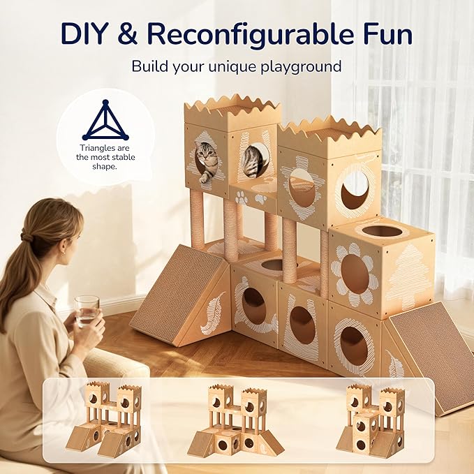 DIY Cardboard Cat House with Scratching Posts, Scratching Board, Multi-Level Cat Tower Playhouse & Tunnel for Kittens & Adult Cats, Recyclable 61.02″ × 36.61″ × 40.2″, Kraft Brown