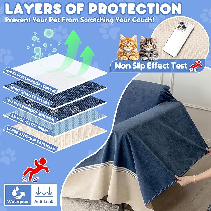 Cat Scratch Furniture Protector - Anti-Slip, Waterproof Sofa Cover to Keep Cats Off, Pet-Friendly Couch Protectors for 3 Cushion Couch, Anti-Scratch Couch Cover for Pets and Kids 134"X91"Navy Blue
