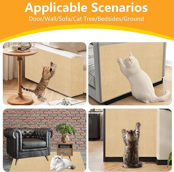Cat Scratch Pad for Wall,Cuttable and Adhesive Cat Scratching Mat,Fun Interactive Scratcher,Cat Scratch Furniture Protector (Khaki,78.7×15.8inch)