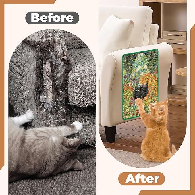 Sisal Cat Scratcher Mat, Cat Wall Scratcher for Indoor Cats, 23.6x15.7 Inch Cat Scratch Pad with Hook & Loop, Wall Mounted Cat Scratching Post to Protect Couch and Carpet（Flower Garden）
