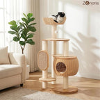 Modern Cat Tree，Cat Tower with Scratching Post, Handwoven Pumpkin Nests and Baskets,Sisal Blanket