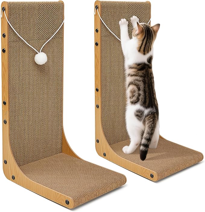 Value 2-Pack 23.6 Inch L-Shaped Cardboard Cat Scratcher, Dual Use (Vert/Horiz) Scratch Pad with Toy Balls, Wall-Mountable Furniture Protector Cat Scratchers for Indoor Cats