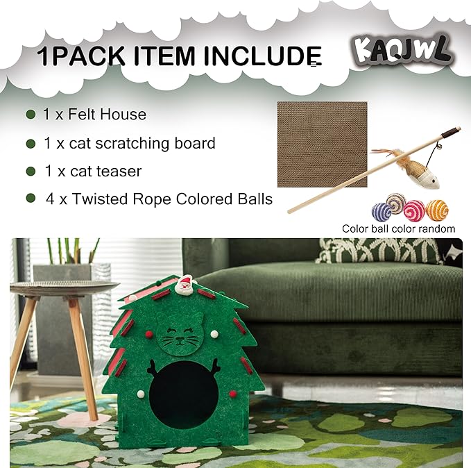 KAQJW Christmas Detachable Felt Cat Bed Condo Shelter House for Indoor Use - Easy to Assemble, Durable and Warm Funnest - Cozy Shelter with Built-in Scratching Board and Bonus Cat Toys