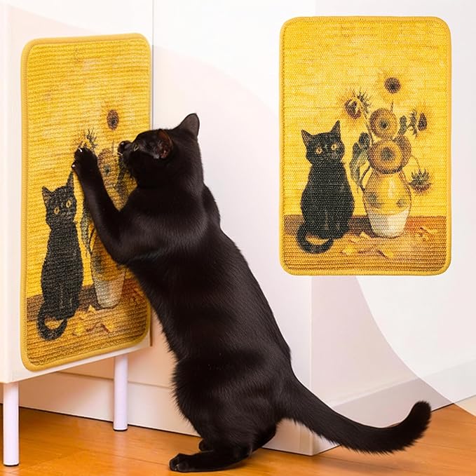 Sisal Cat Scratching Pad - Shedding-Resistant Wall Scratcher Mat for Indoor Cat, Kitten Art Print Sunflower Scratching Mats for Carpet Couch Furniture with Adhesive Hook Loop Tape(24*16in)