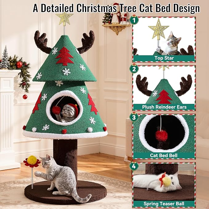 DWVO 47.2in Christmas Cat Tree for Indoor, Cat Tower Cute with Teaser Plaything, Holiday Kitty Climbing Furniture for Kittens to Play and Sleep