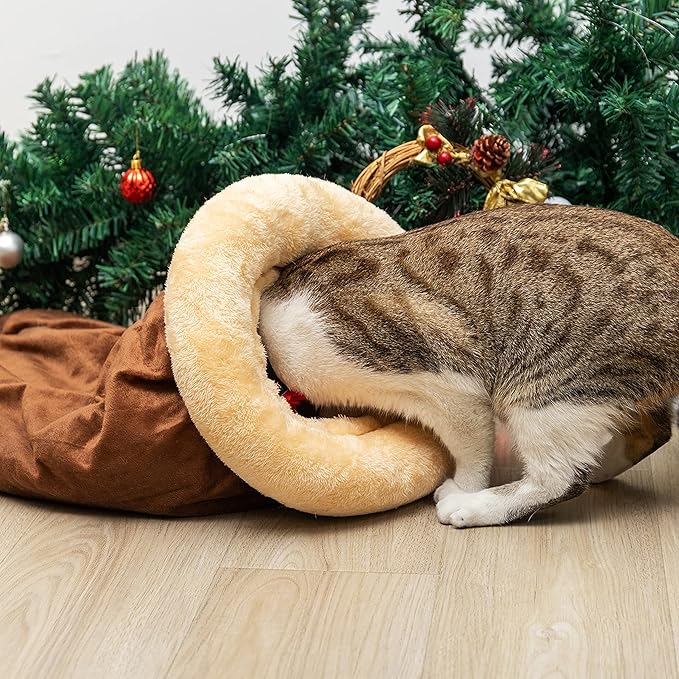 Cat Cave Bed - Fleece Warm Covered Cat Bed Indoor for Cold Weather - Self Warming Fluffy Pet Tunnel Hideout Nest for Small Medium Large Cats Sleeping Playing (Reuseable Washable)