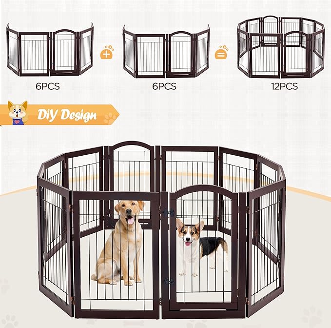 Yaheetech 32-inch Tall Dog Gate with Door Extra Wide Pet Gate for Dogs, Foldable Wire & Wooden Puppy Safety Fence w/3 Support Feet,Freestanding Dog Gate for the House,Doorway,Stairs(Espresso,6 Panels)