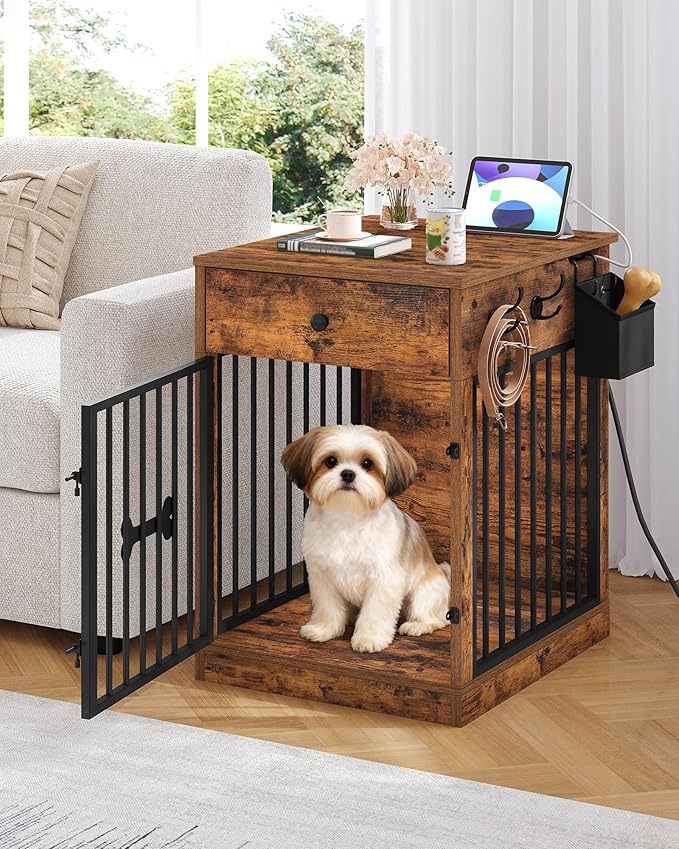 24.6'' Dog Crate Furniture with Charging Station, Dog Kennel Indoor with Flip-Top Storage, Wooden Pet Cage Dog House End Side Table for Small Dog Anti-Chew Anti-Escape, Rustic Brown DFC90101B